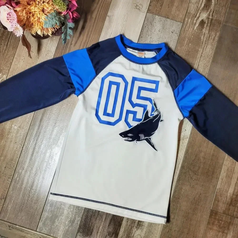 Gymboree Boys Size Large 10-12 White & Blue Shark Long Sleeve Rashguard UPF 50+